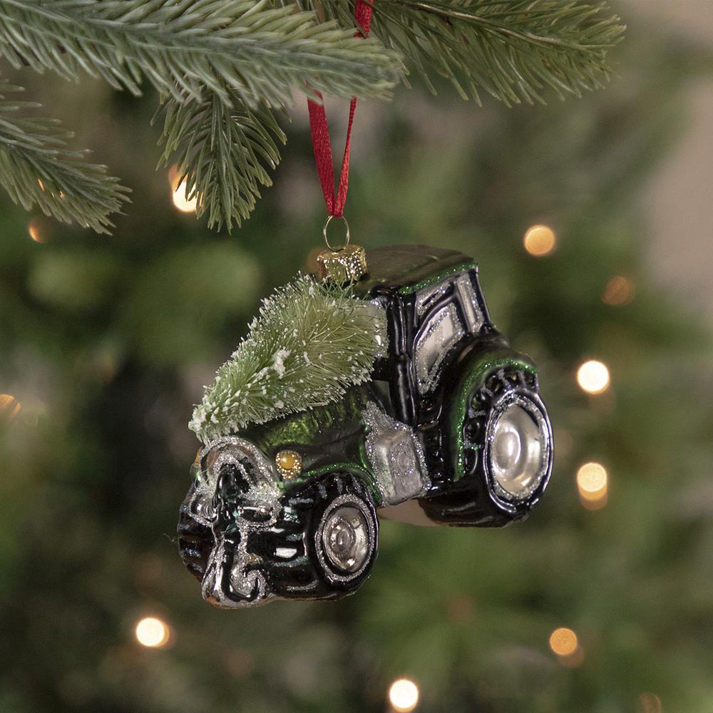 4" Green Tractor with Tree Glass Christmas Ornament. Picture 2