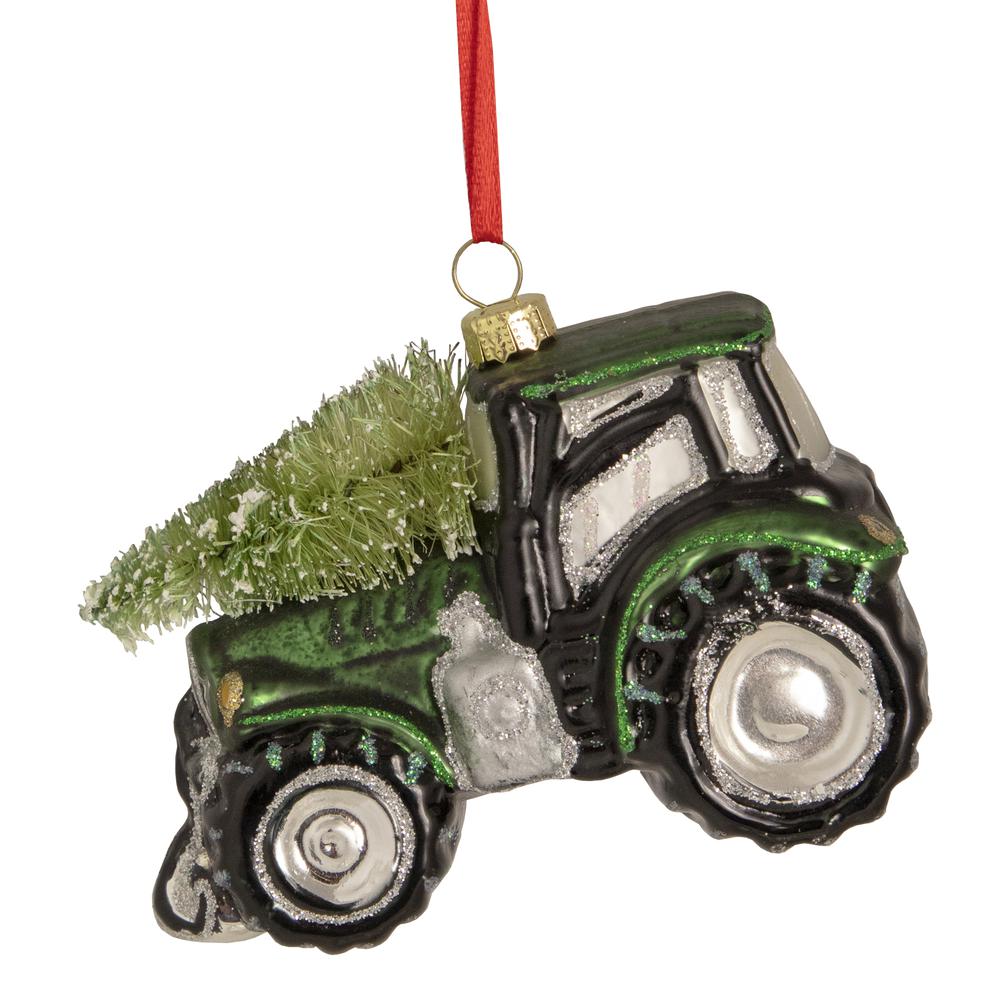 4" Green Tractor with Tree Glass Christmas Ornament. Picture 1