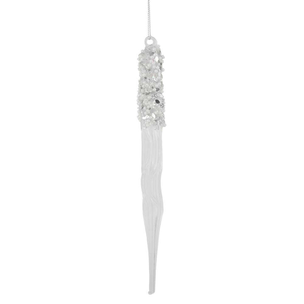 9" Clear Glass Sequined and Beaded Icicle Christmas Ornament. Picture 1