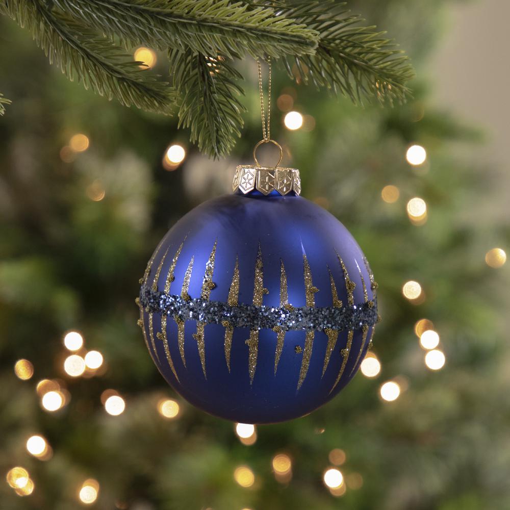 4" Blue and Gold Glitter Glass Ball Christmas Ornament. Picture 2