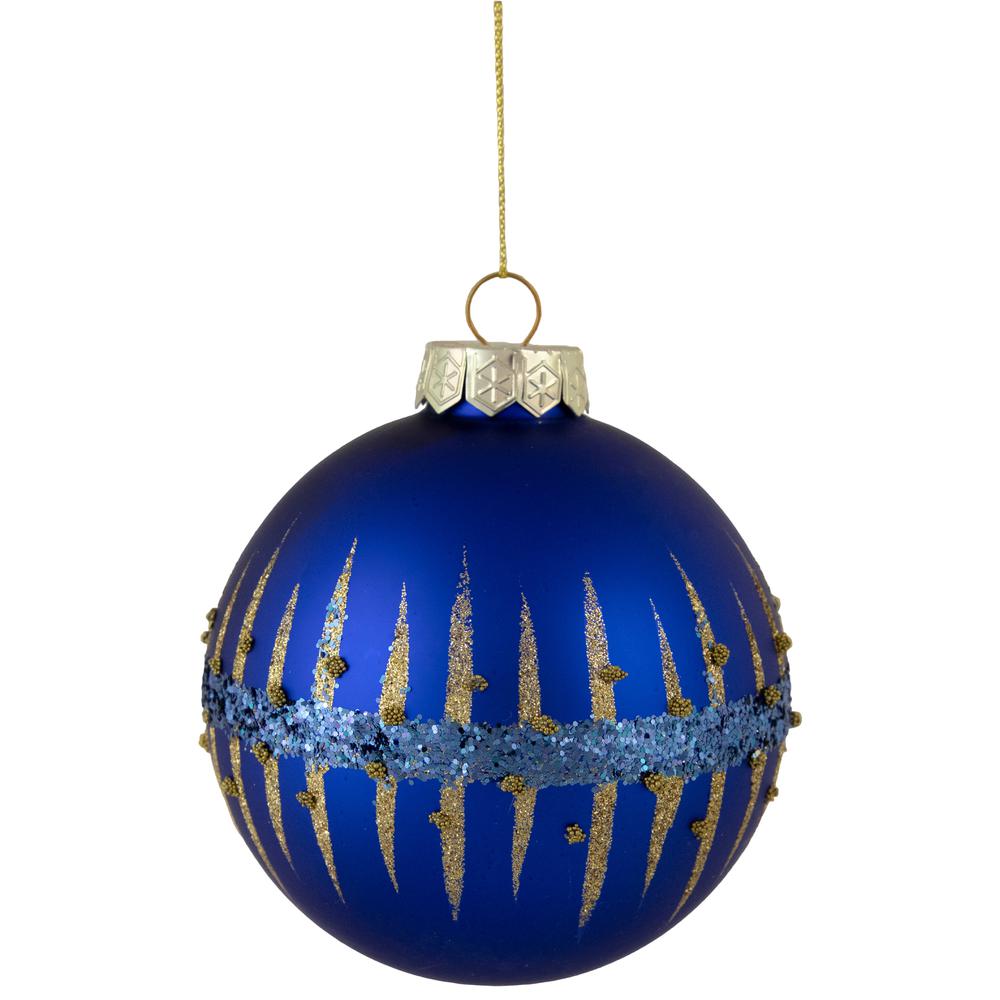 4" Blue and Gold Glitter Glass Ball Christmas Ornament. Picture 1