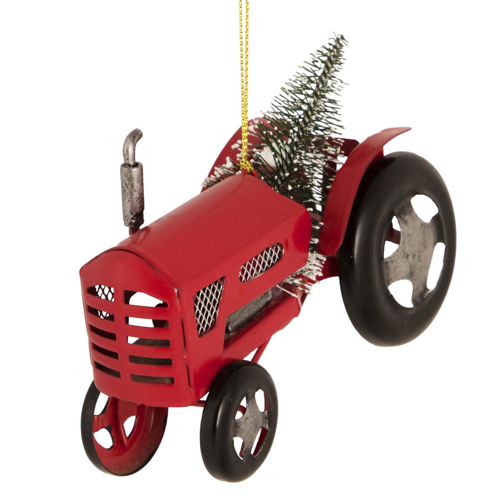 3" Red Metal Tractor with Frosted Tree Christmas Ornament. Picture 3