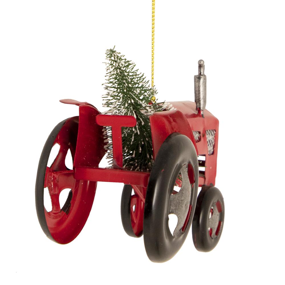 3" Red Metal Tractor with Frosted Tree Christmas Ornament. Picture 4
