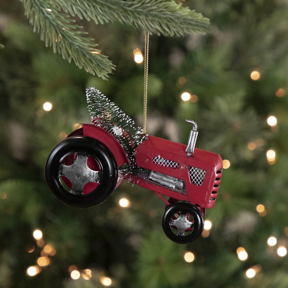 3" Red Metal Tractor with Frosted Tree Christmas Ornament. Picture 2