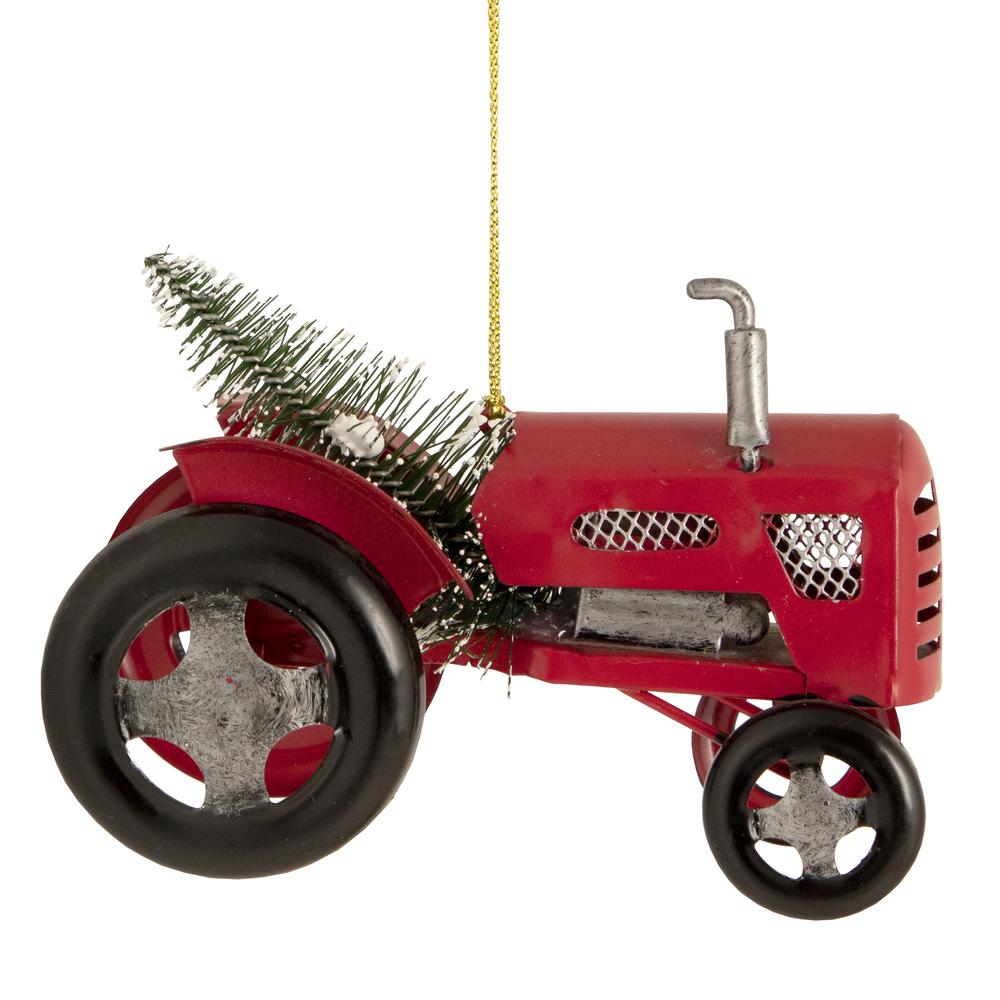 3" Red Metal Tractor with Frosted Tree Christmas Ornament. Picture 1