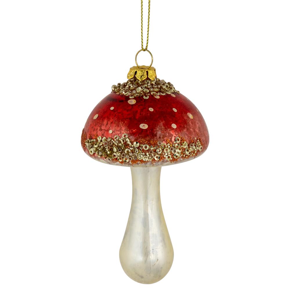 5" Sequined Mushroom Glass Christmas Ornament. Picture 1