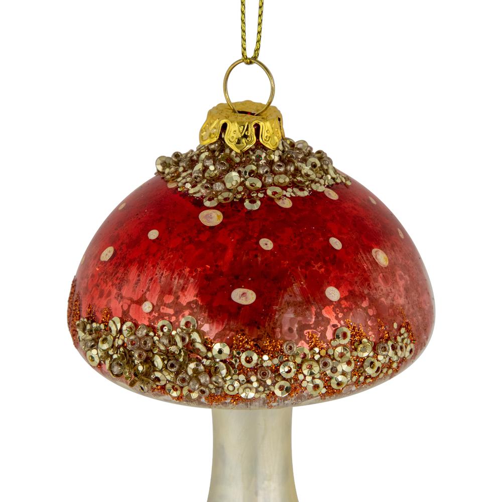 5" Sequined Mushroom Glass Christmas Ornament. Picture 3