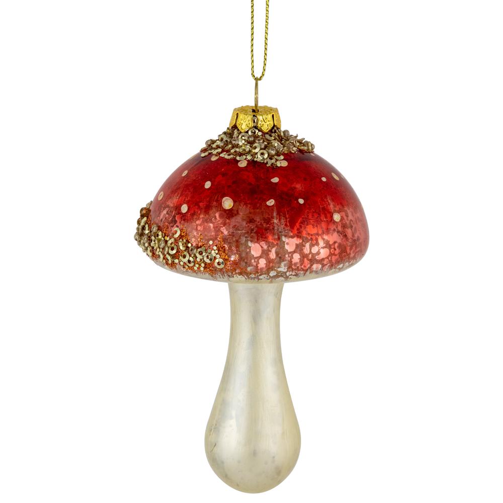 5" Sequined Mushroom Glass Christmas Ornament. Picture 4