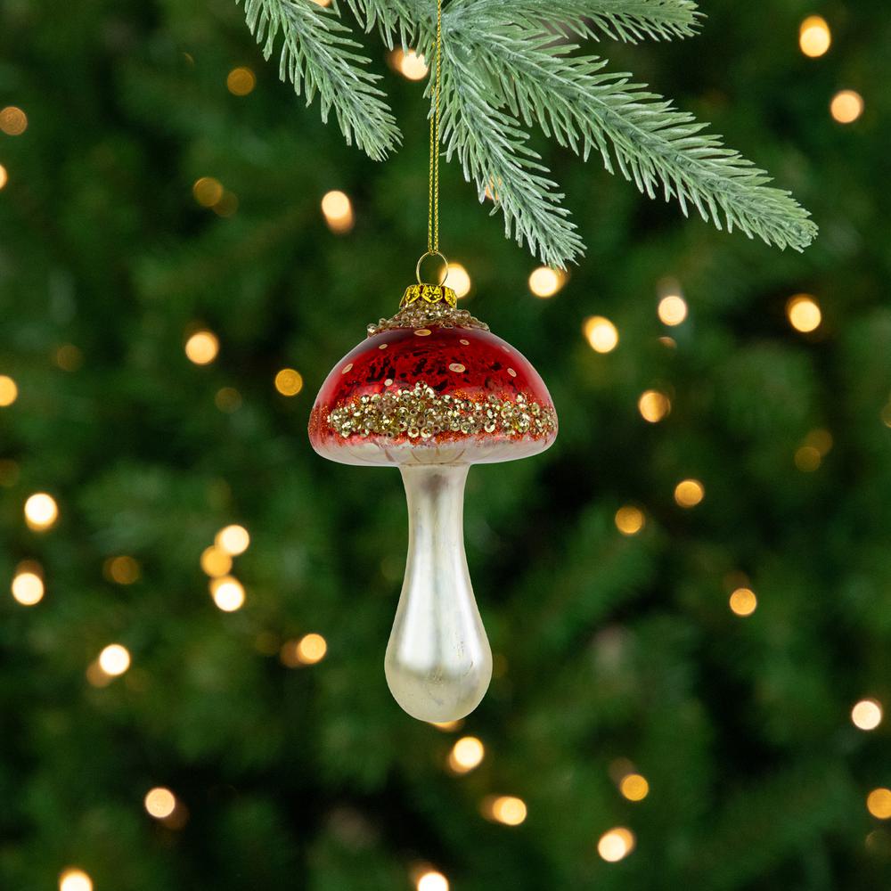 5" Sequined Mushroom Glass Christmas Ornament. Picture 2