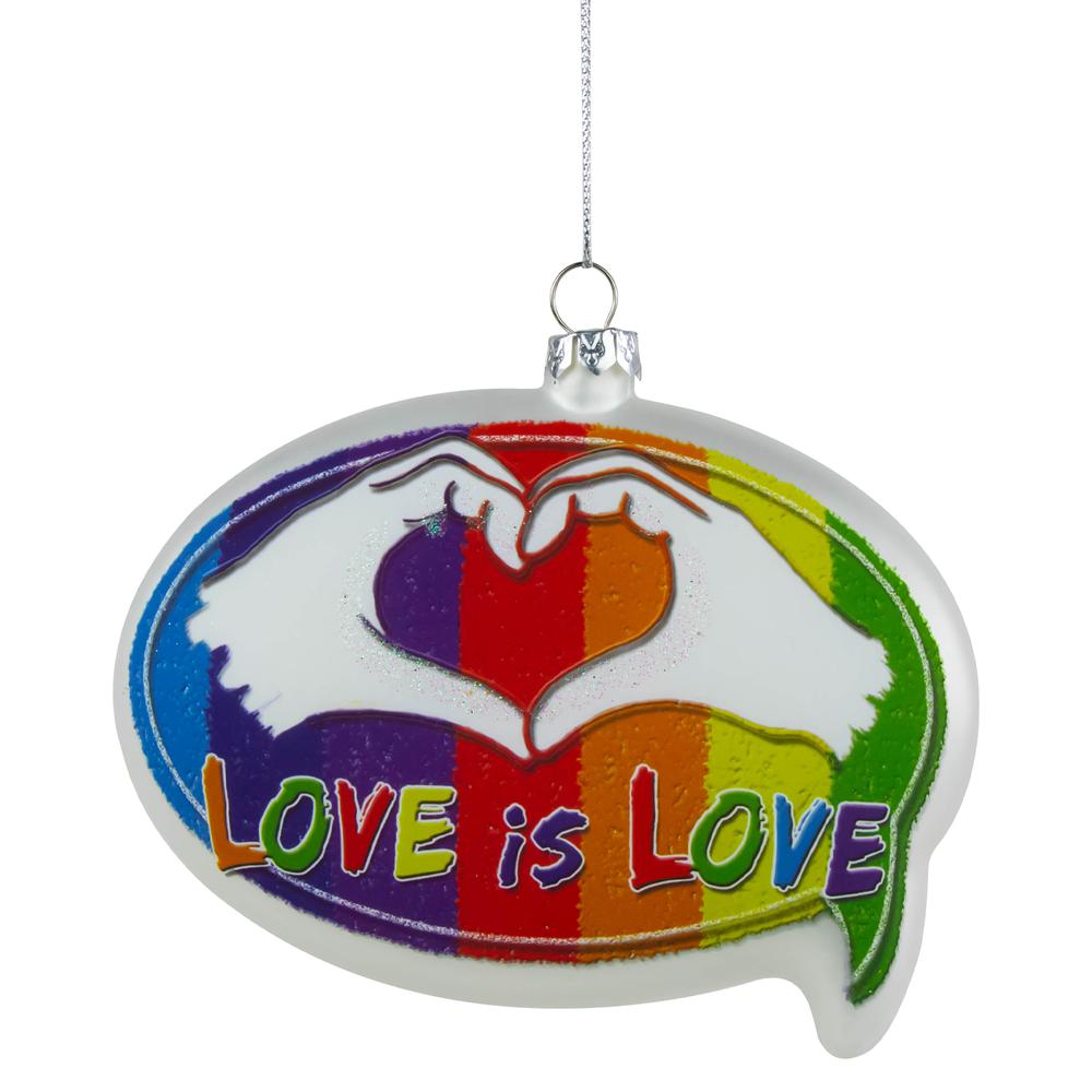 4.75" Pride 'Love is Love' Speech Bubble Glass Christmas Ornament. Picture 1