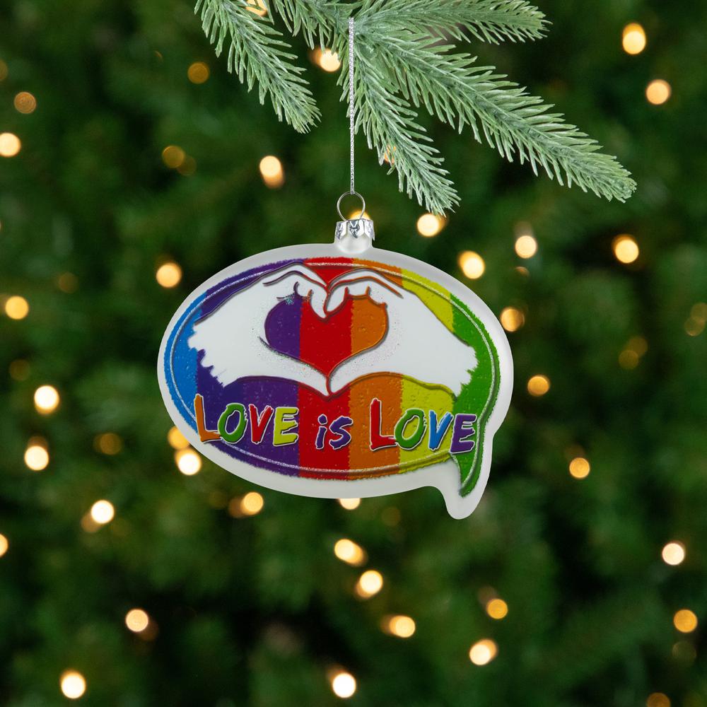 4.75" Pride 'Love is Love' Speech Bubble Glass Christmas Ornament. Picture 2