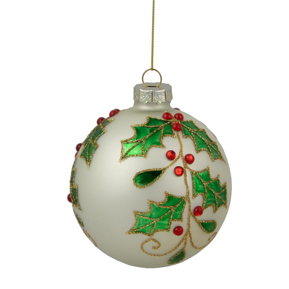 4.5" White Glass Christmas Ball Ornament with Holly Leaves. Picture 3
