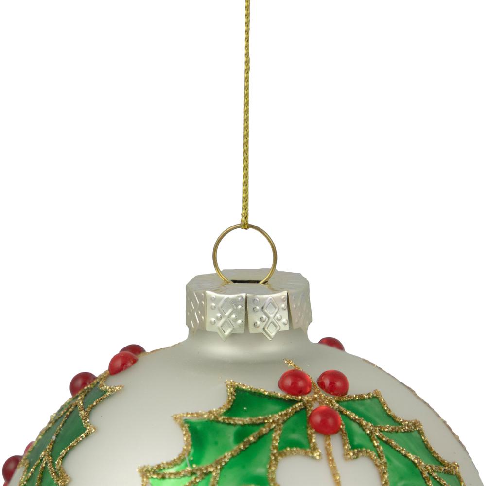 4.5" White Glass Christmas Ball Ornament with Holly Leaves. Picture 2