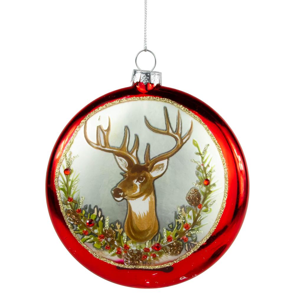 4" Glittered Reindeer Glass Christmas Disc Ornament. Picture 1