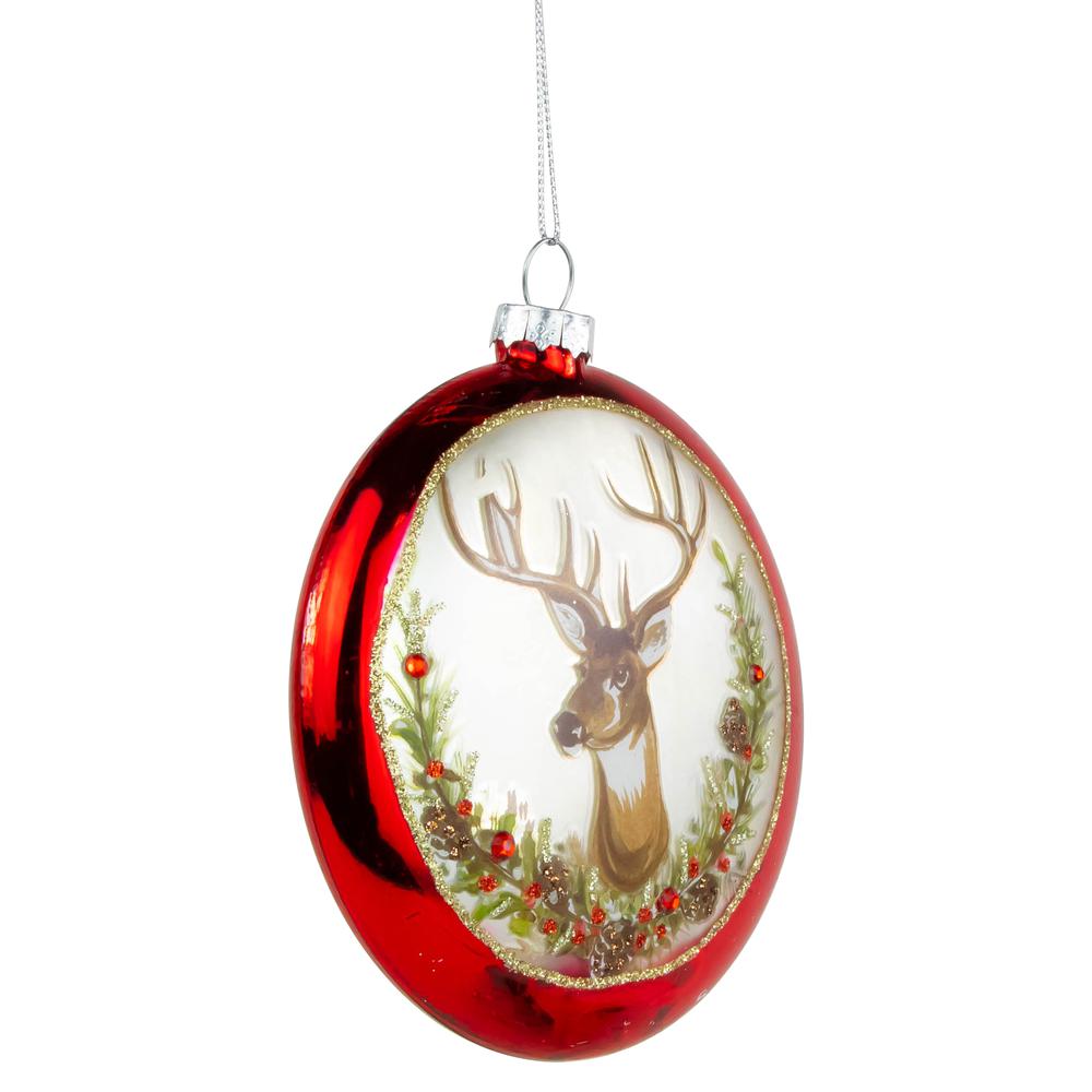 4" Glittered Reindeer Glass Christmas Disc Ornament. Picture 4