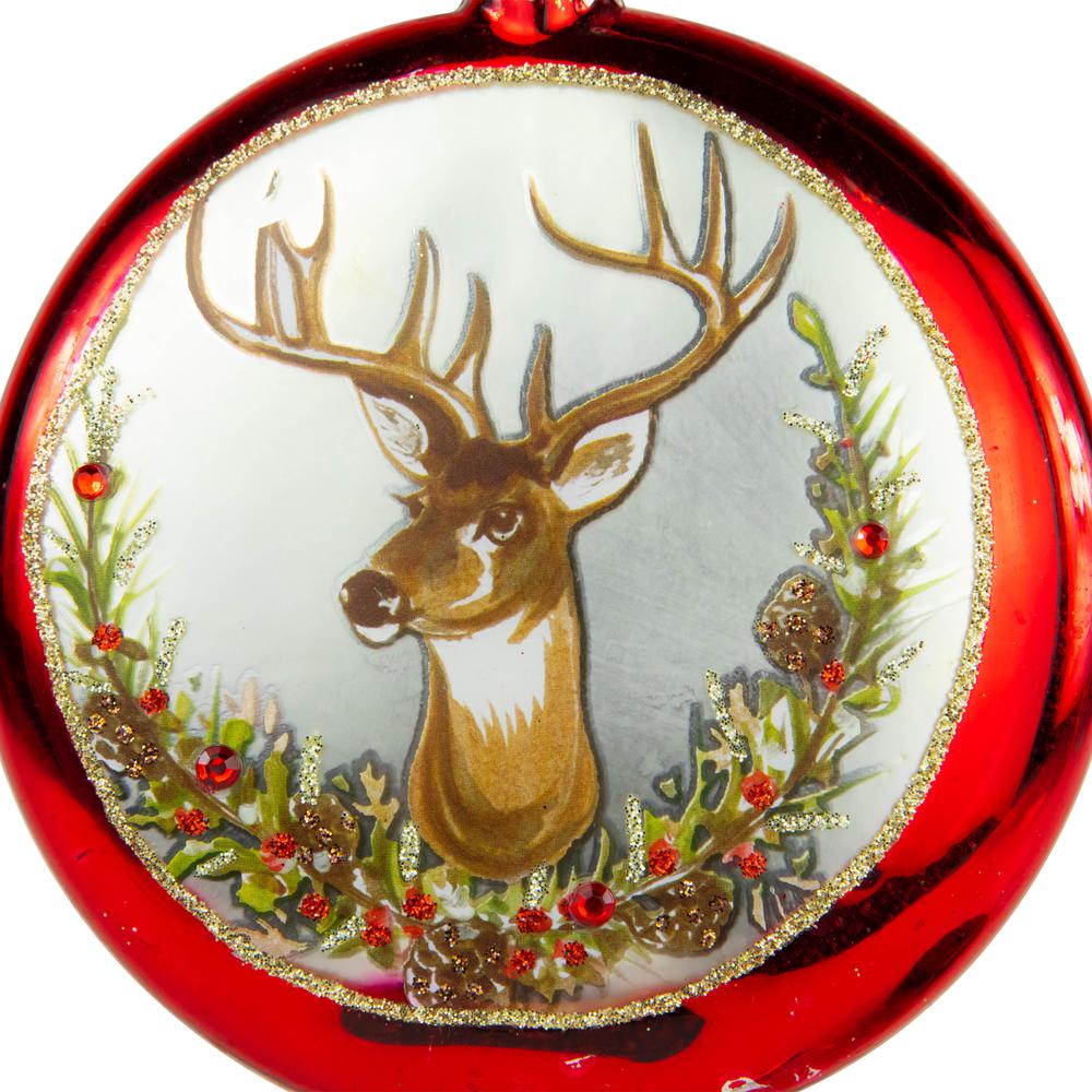 4" Glittered Reindeer Glass Christmas Disc Ornament. Picture 7