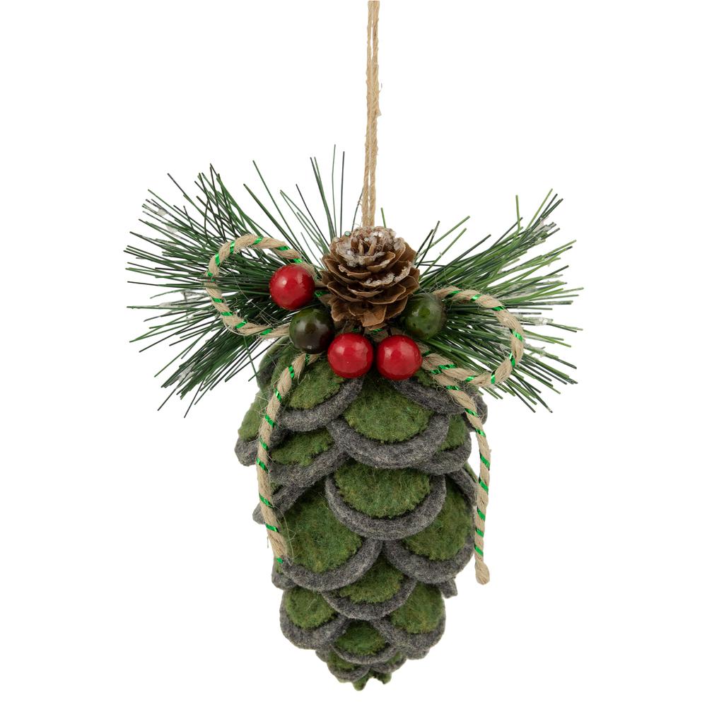 6" Green Felt Pine Cone with Berries Christmas Ornament. Picture 1