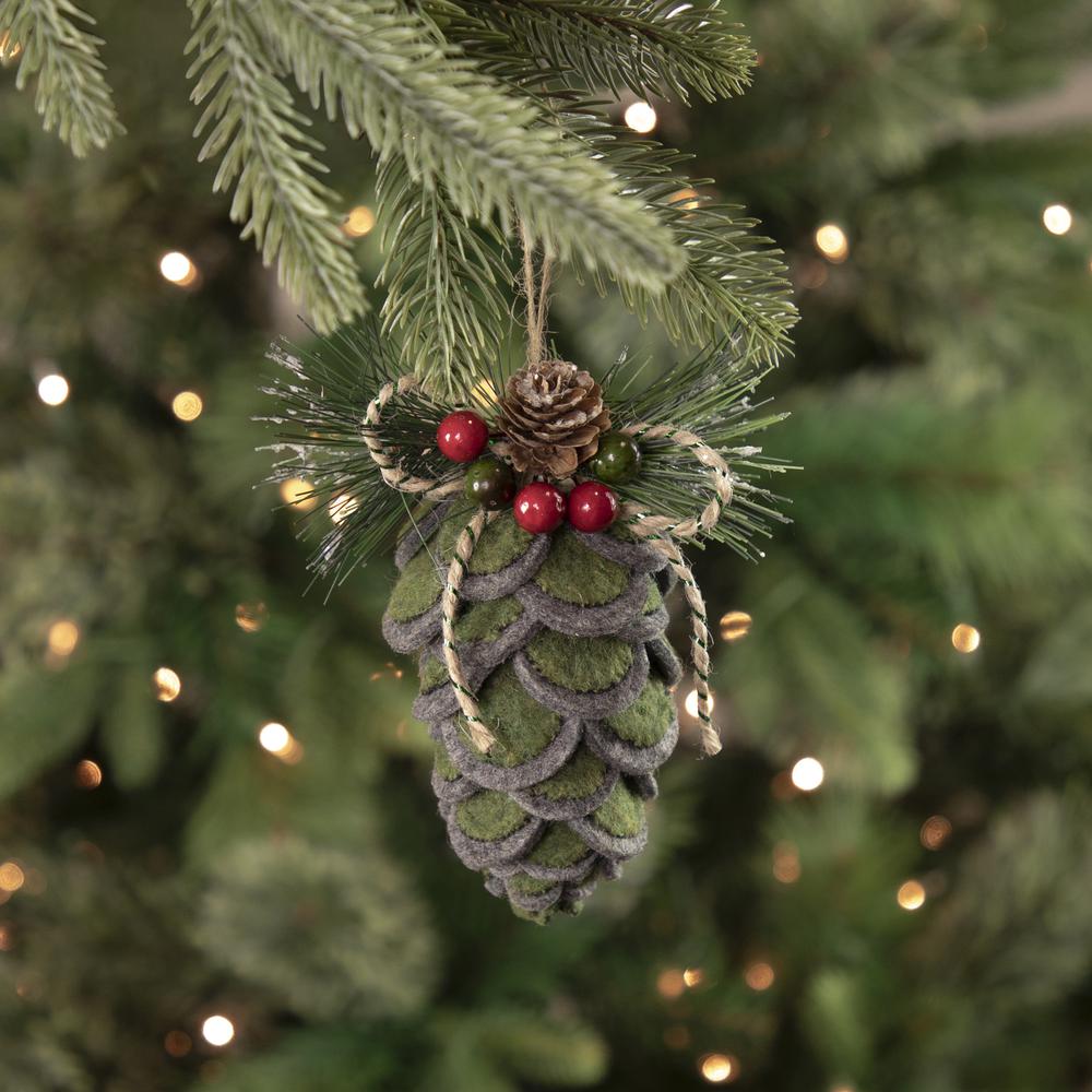 6" Green Felt Pine Cone with Berries Christmas Ornament. Picture 2