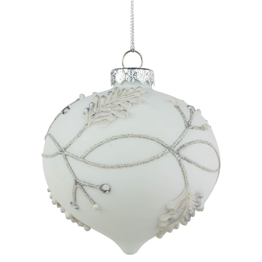 3.5" White and Silver Leaves Glass Onion Drop Christmas Ornament. Picture 1