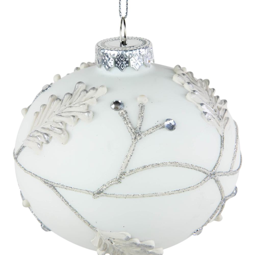 3.5" White and Silver Leaves Glass Onion Drop Christmas Ornament. Picture 3