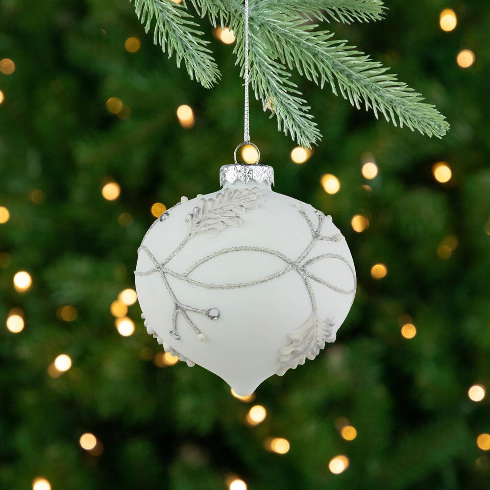 3.5" White and Silver Leaves Glass Onion Drop Christmas Ornament. Picture 2