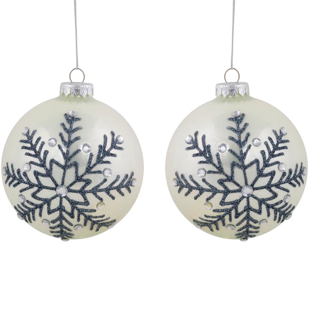 Set of 2 Shiny Pearl White Glittered Snowflake Glass Christmas Ball Ornaments 4". Picture 1