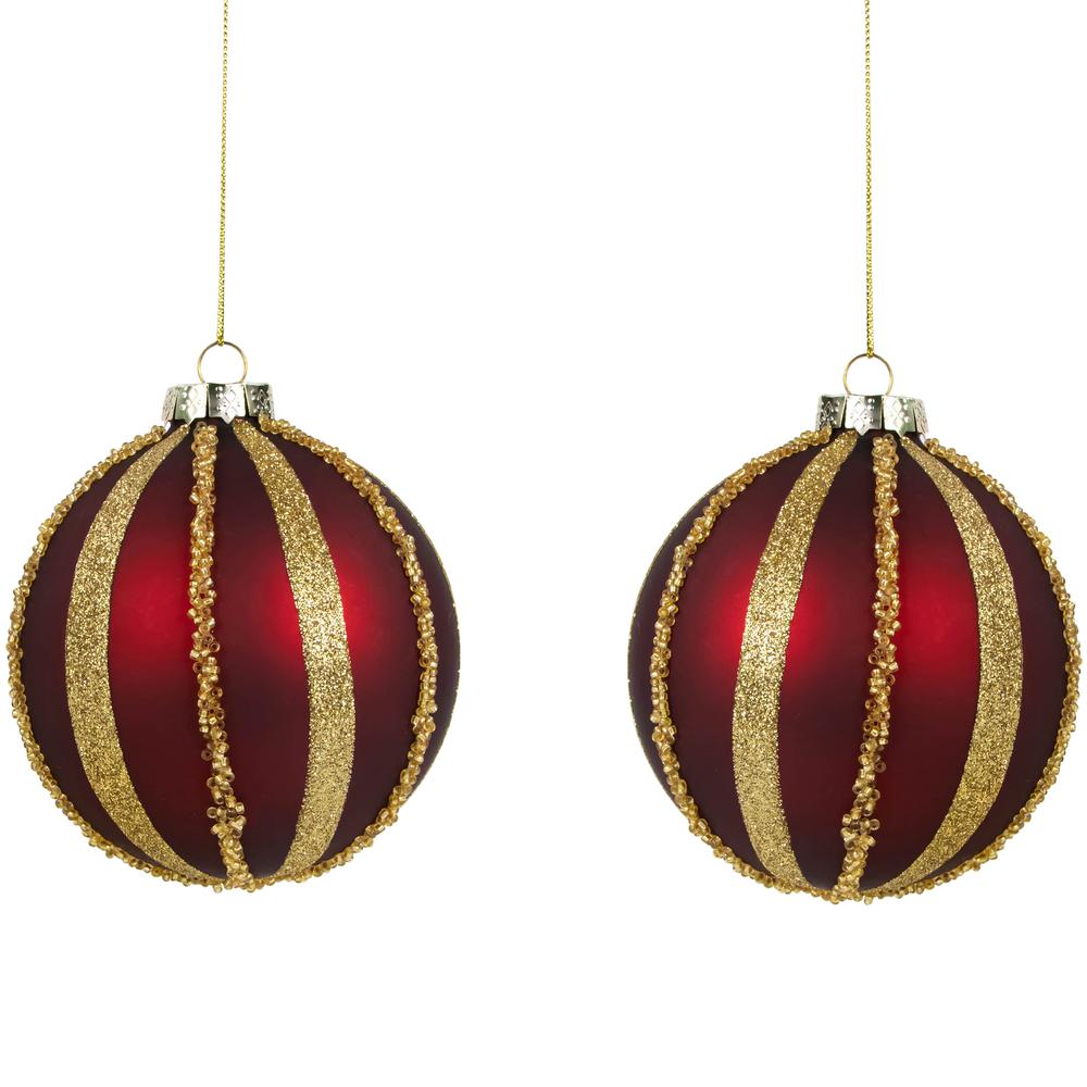 Set of 2 Burgundy and Gold Striped Beaded Christmas Glass Ball Ornaments 4". Picture 1