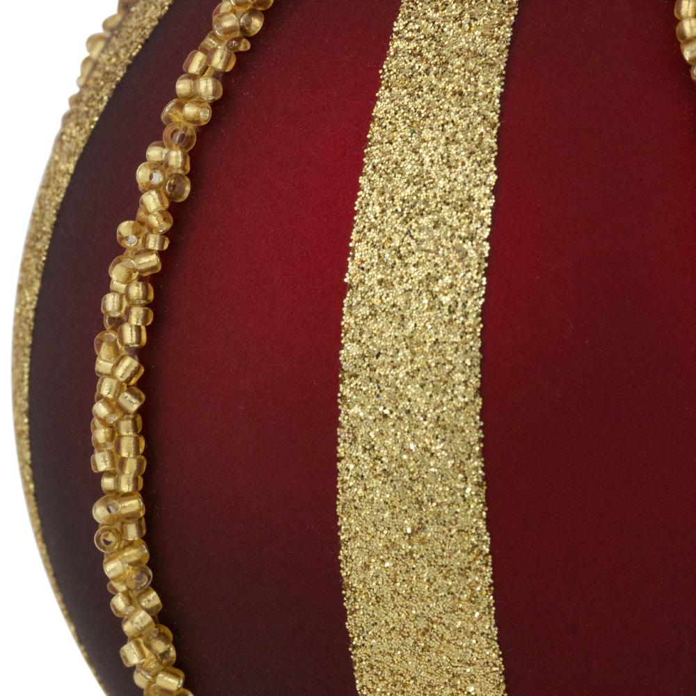 Set of 2 Burgundy and Gold Striped Beaded Christmas Glass Ball Ornaments 4". Picture 3