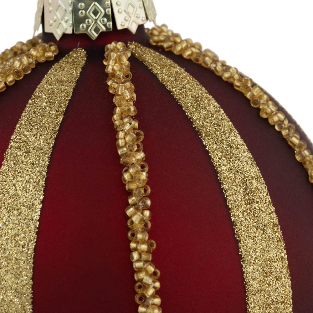 Set of 2 Burgundy and Gold Striped Beaded Christmas Glass Ball Ornaments 4". Picture 4