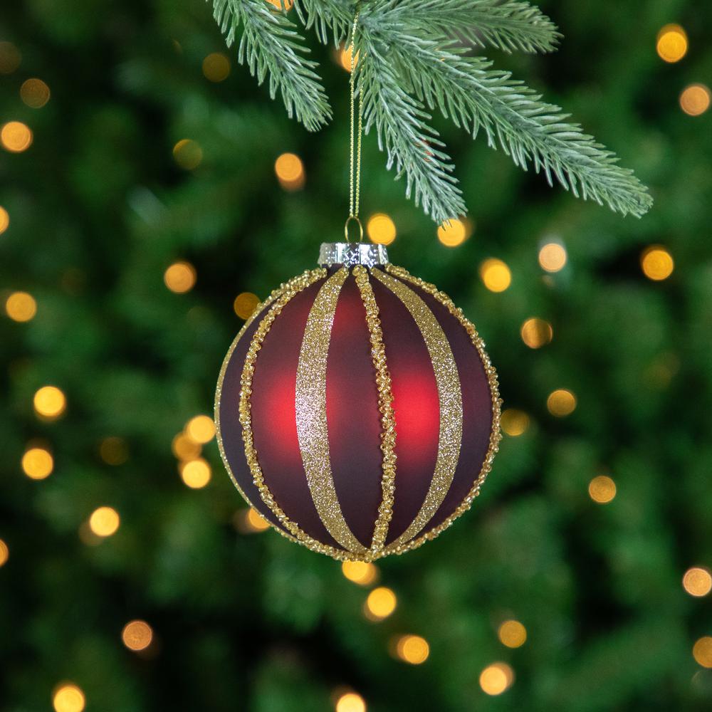 Set of 2 Burgundy and Gold Striped Beaded Christmas Glass Ball Ornaments 4". Picture 2
