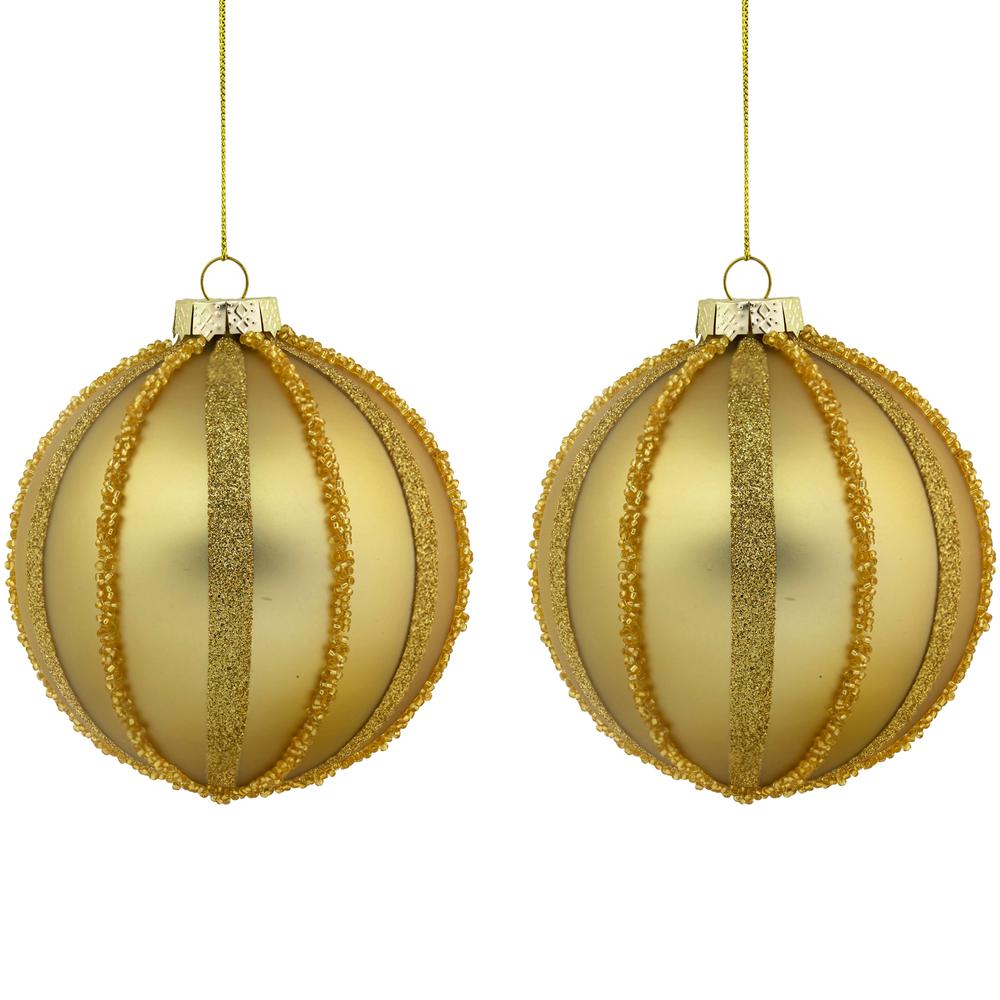Set of 2 Gold Striped Glittered Glass Christmas Ball Ornaments 4". Picture 1