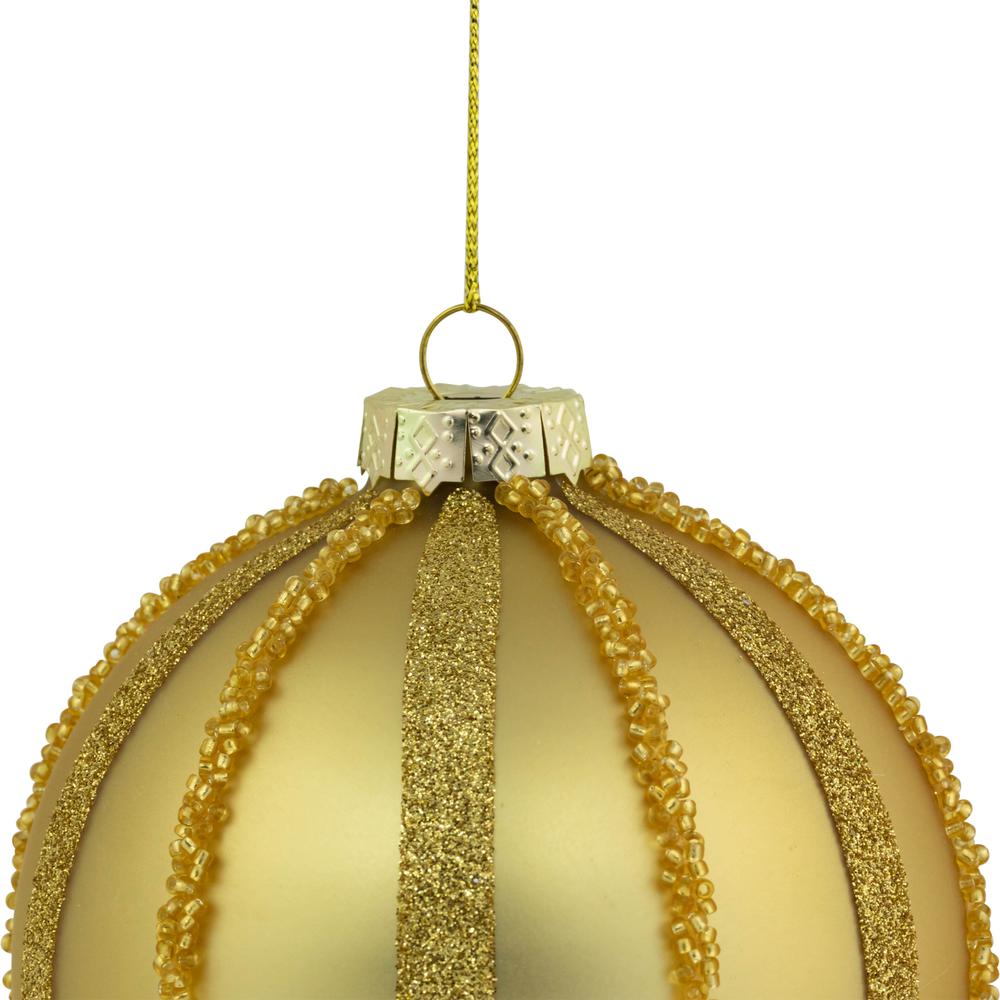 Set of 2 Gold Striped Glittered Glass Christmas Ball Ornaments 4". Picture 4
