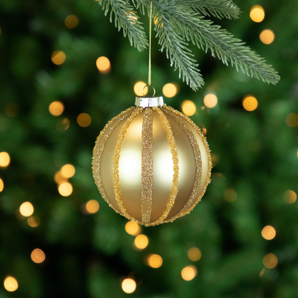 Set of 2 Gold Striped Glittered Glass Christmas Ball Ornaments 4". Picture 2