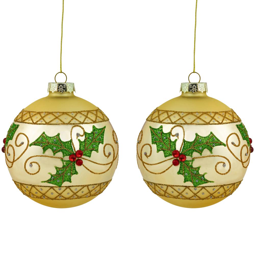 Set of 2 Golden Glittered Holly and Berries Christmas Glass Ball Ornaments 4". Picture 1