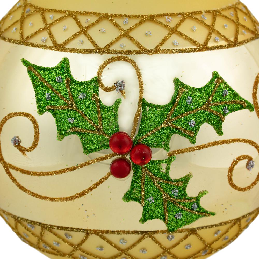 Set of 2 Golden Glittered Holly and Berries Christmas Glass Ball Ornaments 4". Picture 3