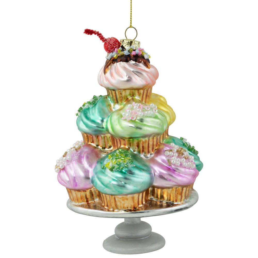 6" Pink and Blue Cupcake Tower Glass Christmas Ornament. Picture 1