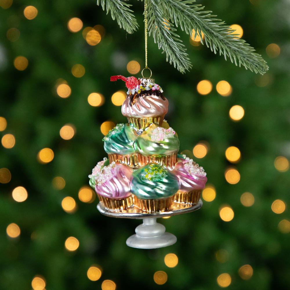 6" Pink and Blue Cupcake Tower Glass Christmas Ornament. Picture 2