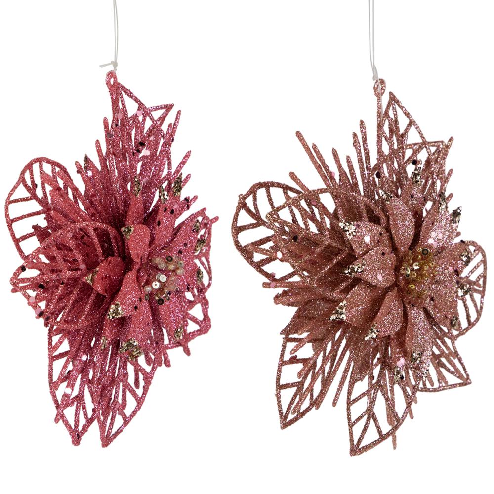 Pack of 4 Glittered Pink Poinsettia Christmas Ornaments 6". Picture 7