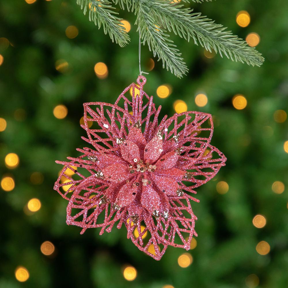 Pack of 4 Glittered Pink Poinsettia Christmas Ornaments 6". Picture 3
