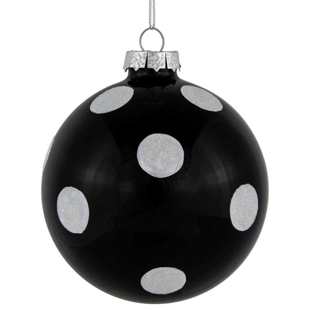 Set of 2 Black and White Glittered Polka Dot Glass Christmas Ball Ornaments 4". Picture 1