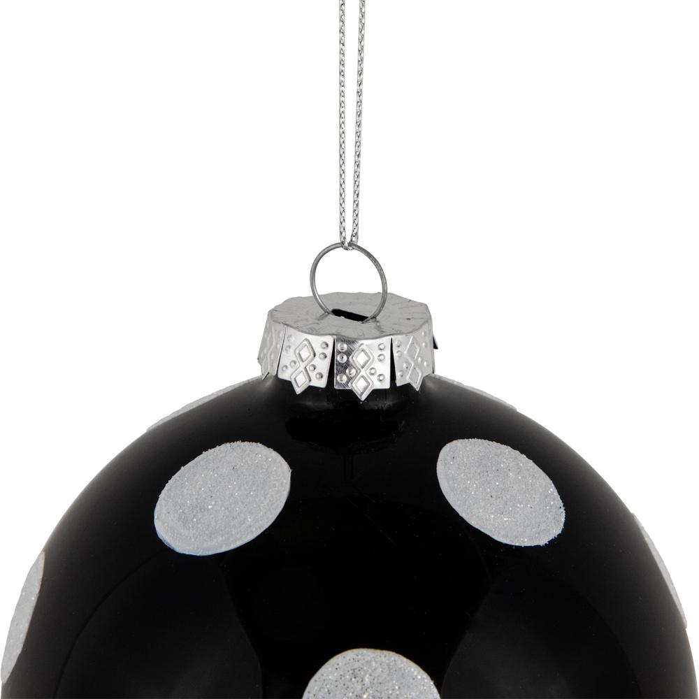 Set of 2 Black and White Glittered Polka Dot Glass Christmas Ball Ornaments 4". Picture 3