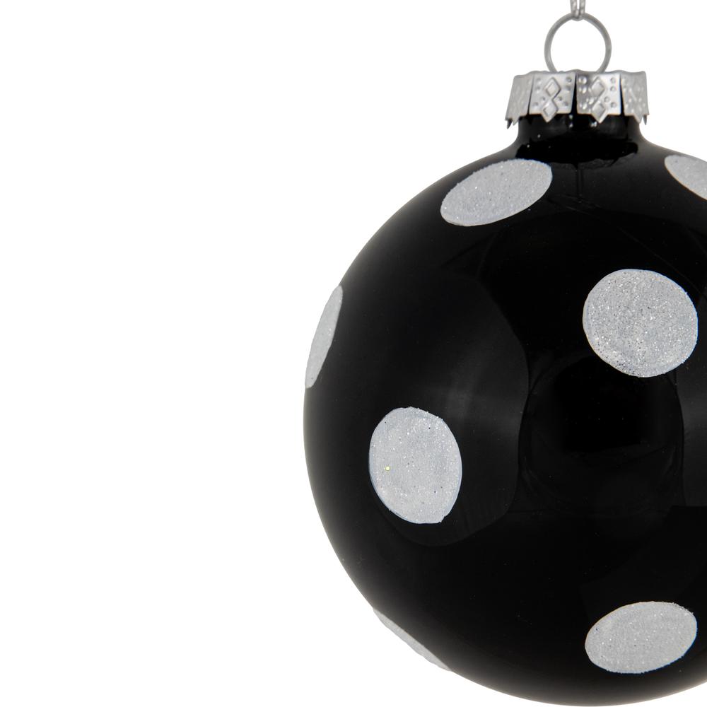 Set of 2 Black and White Glittered Polka Dot Glass Christmas Ball Ornaments 4". Picture 4