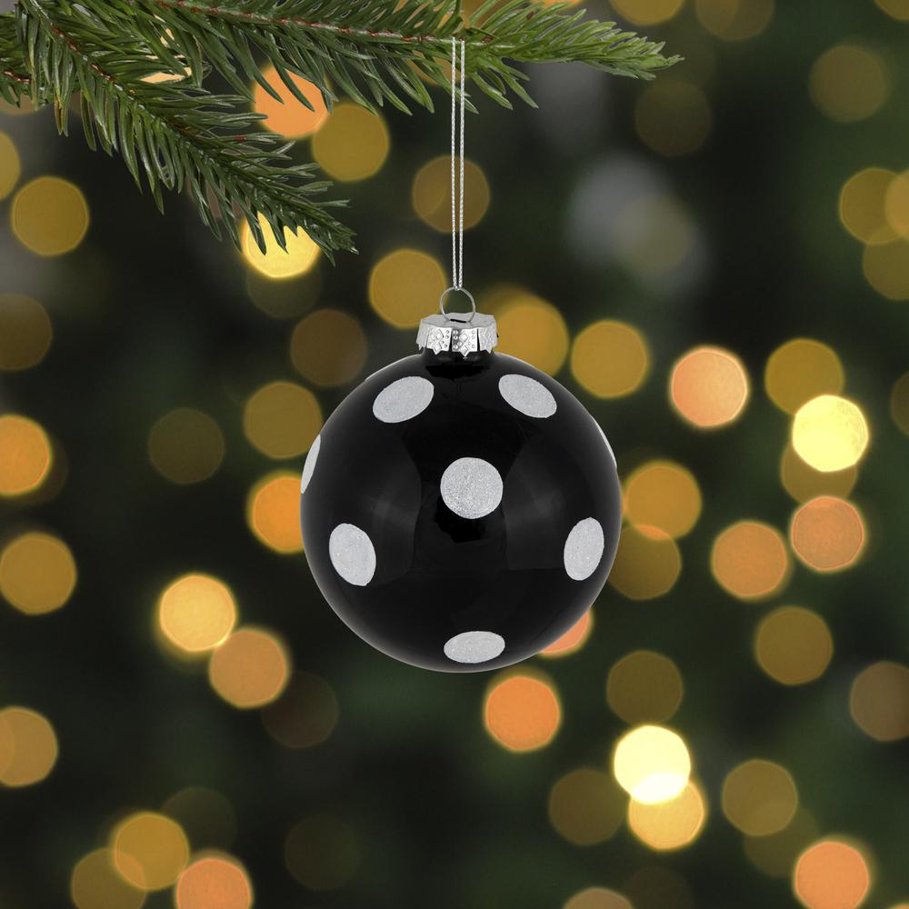 Set of 2 Black and White Glittered Polka Dot Glass Christmas Ball Ornaments 4". Picture 2