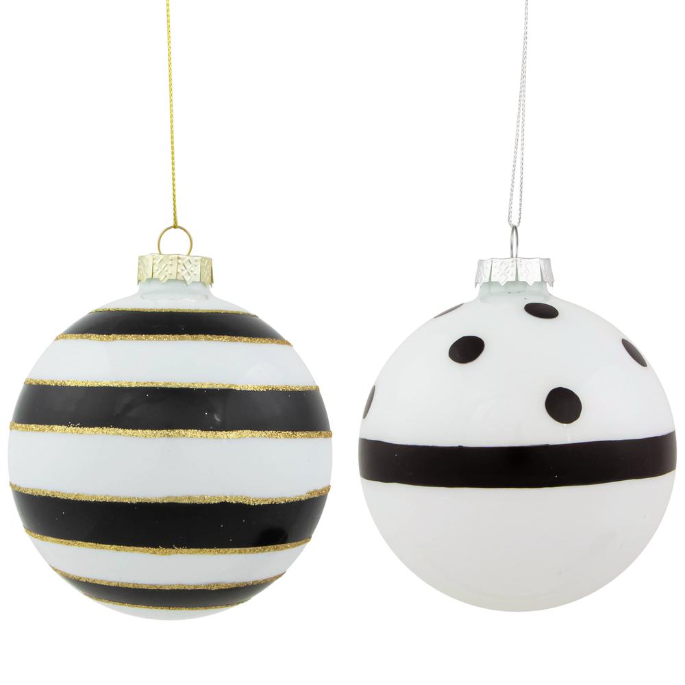 Set of 2 White and Black Striped Glass Christmas Ball Ornaments 4". Picture 1