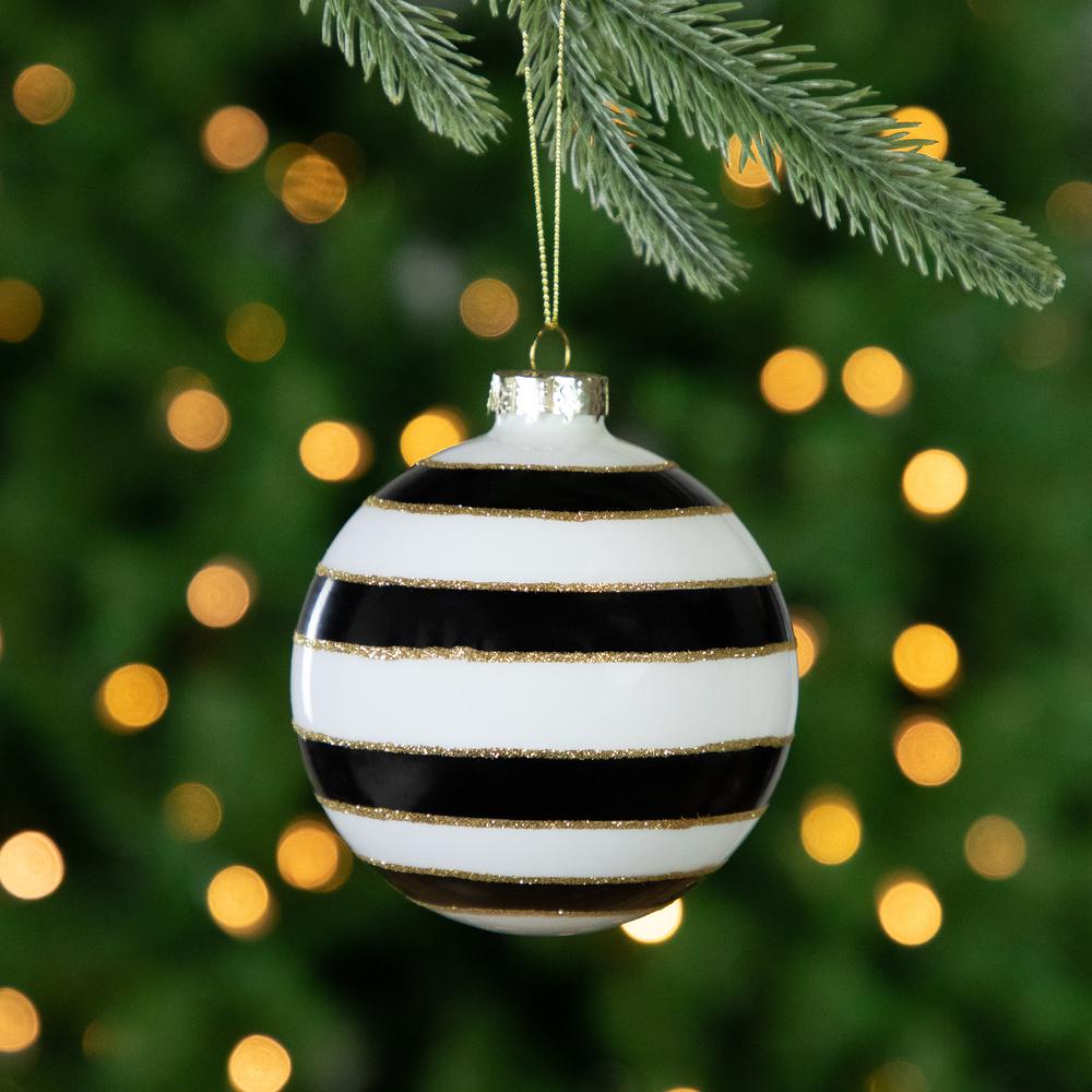 Set of 2 White and Black Striped Glass Christmas Ball Ornaments 4". Picture 2