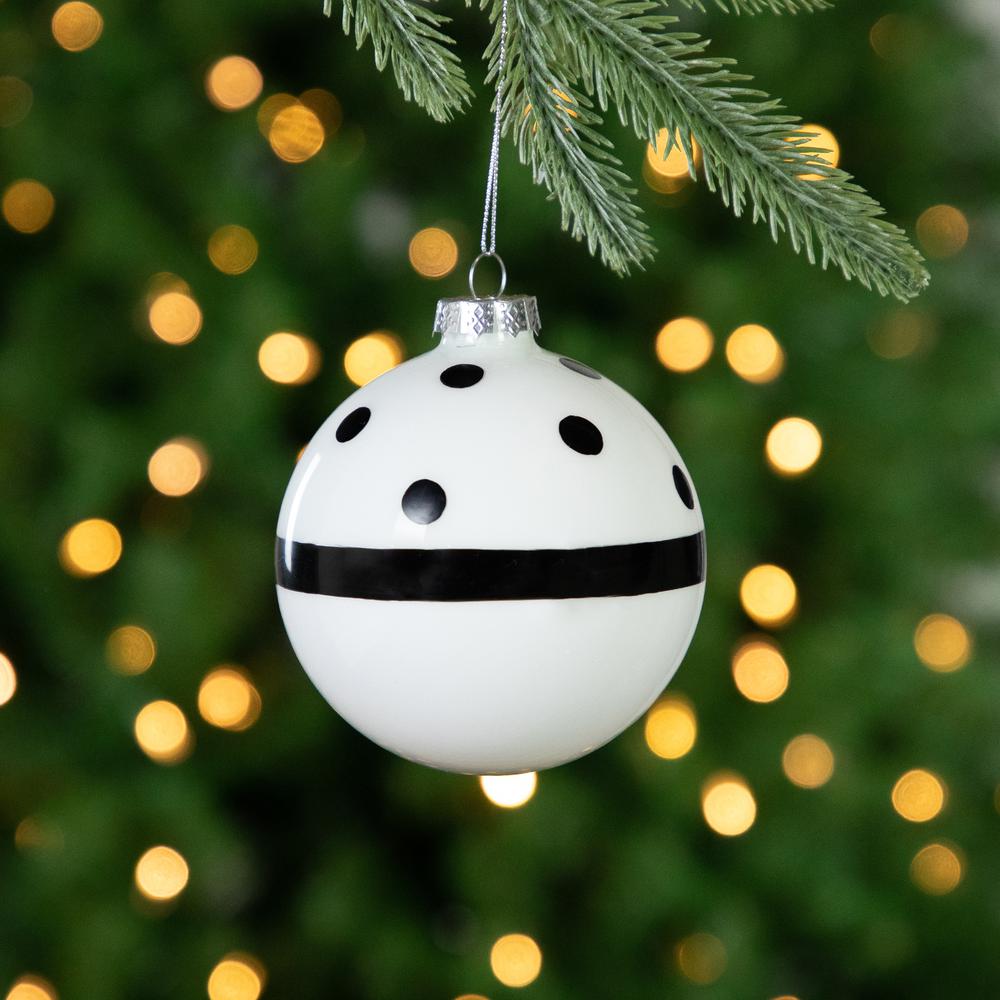 Set of 2 White and Black Striped Glass Christmas Ball Ornaments 4". Picture 3