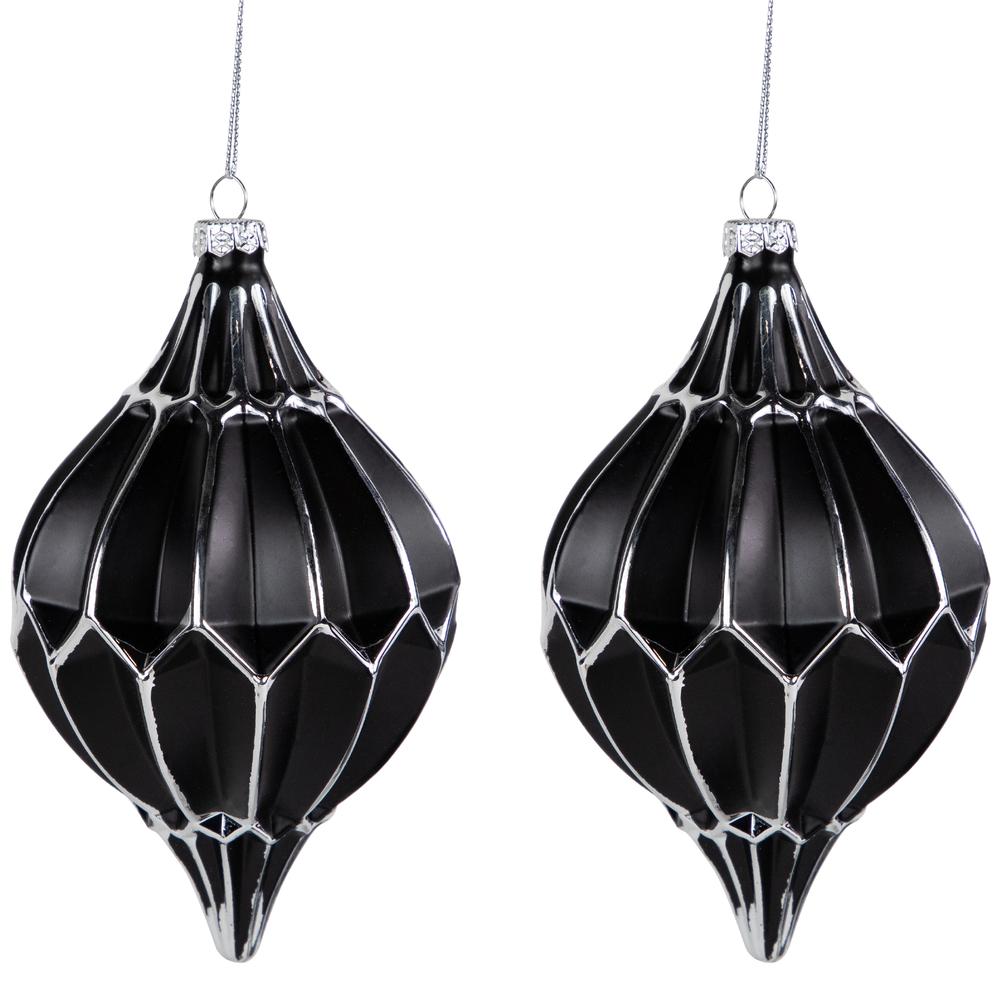 Set of 2 Matte Black and Silver Finial Christmas Glass Ornaments 5". Picture 1