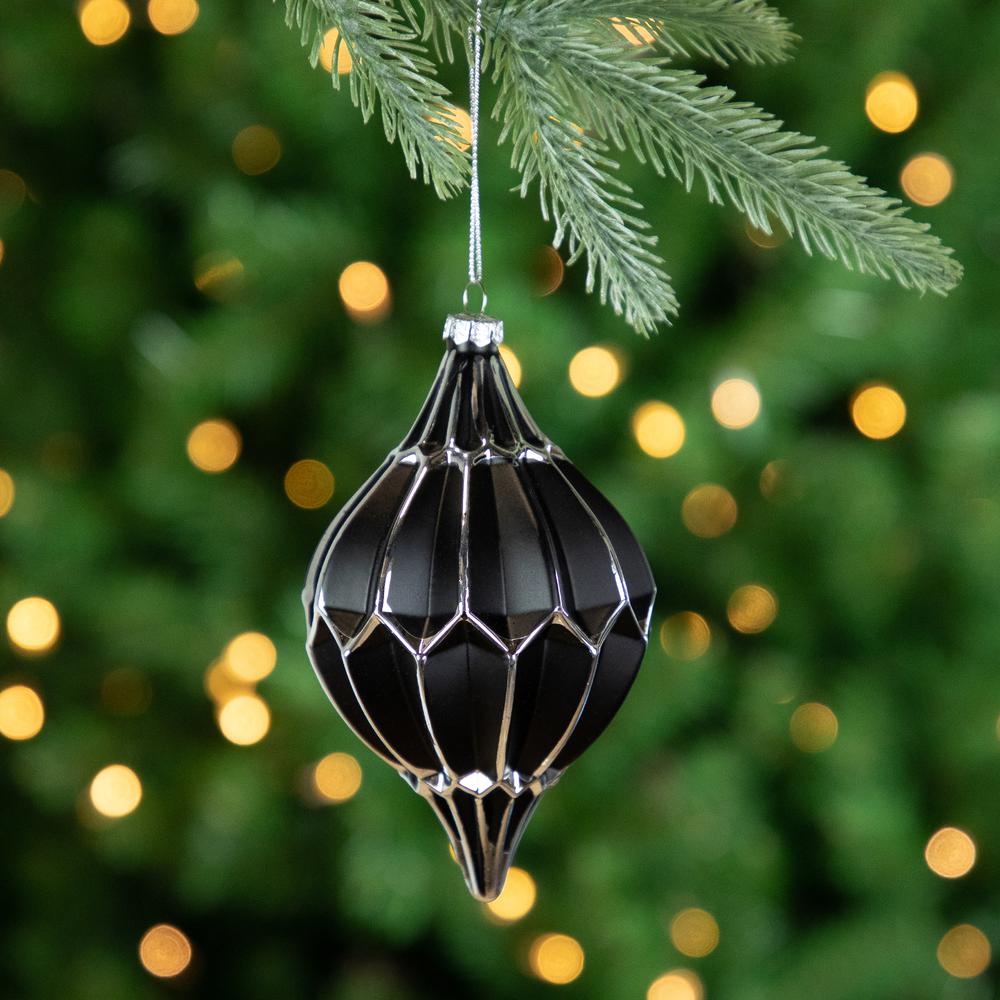 Set of 2 Matte Black and Silver Finial Christmas Glass Ornaments 5". Picture 2