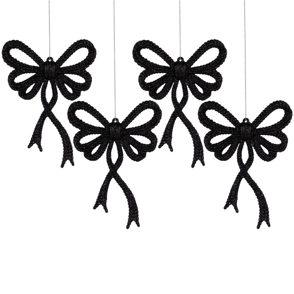 Set of 4 Black Glitter Bowtie Christmas Ornaments 6". Picture 1