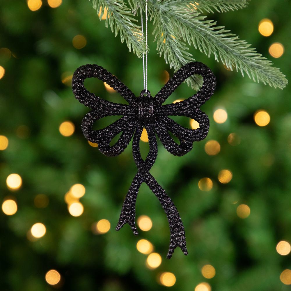 Set of 4 Black Glitter Bowtie Christmas Ornaments 6". Picture 2